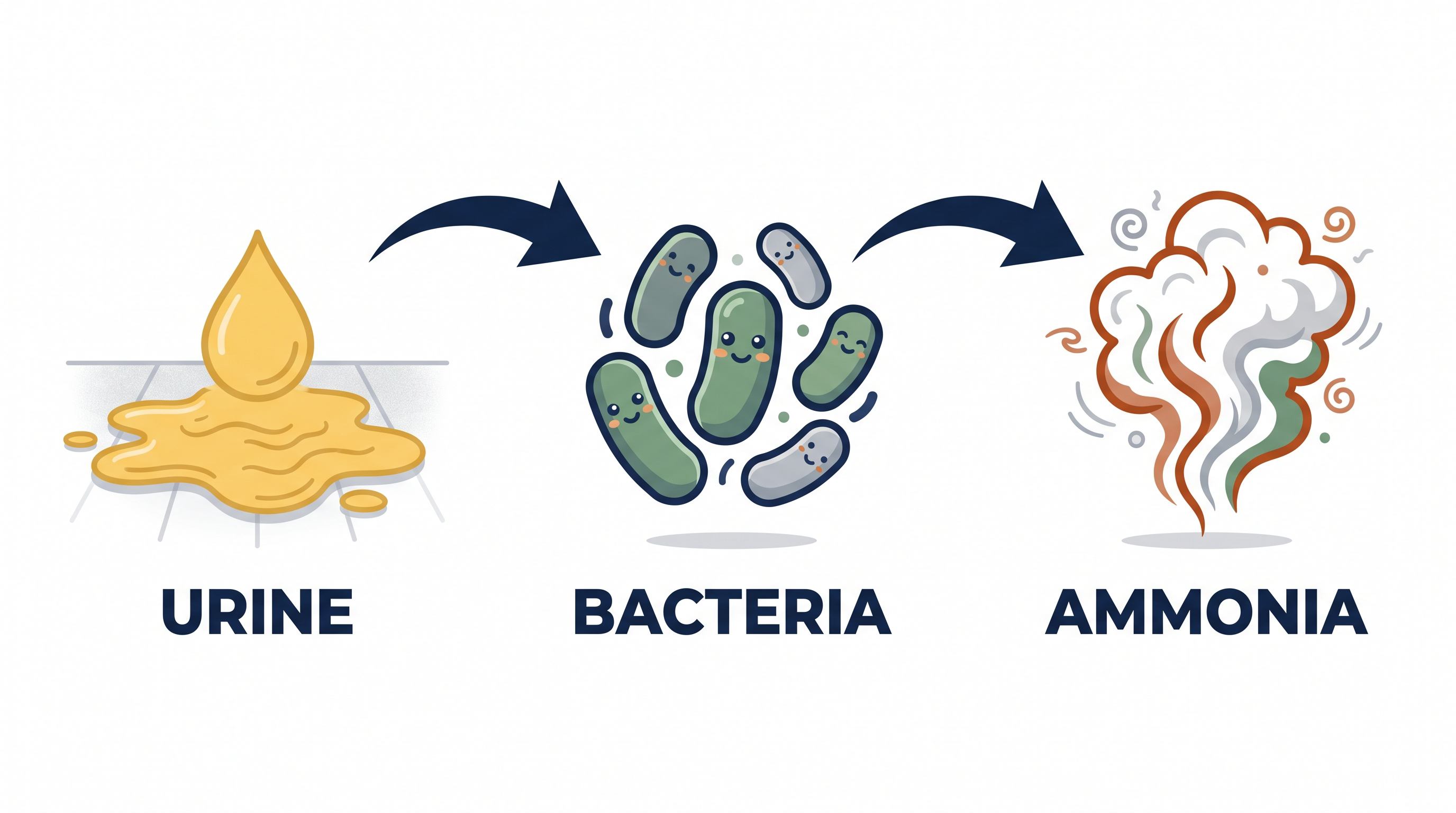 Diagram: urine in floor becomes bacteria becomes ammonia gas