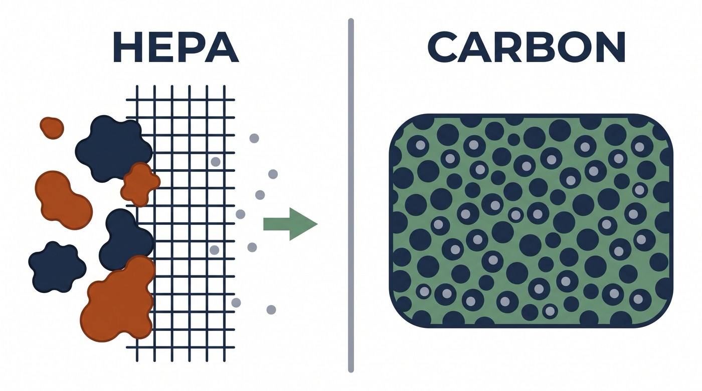 HEPA vs activated carbon filter diagram