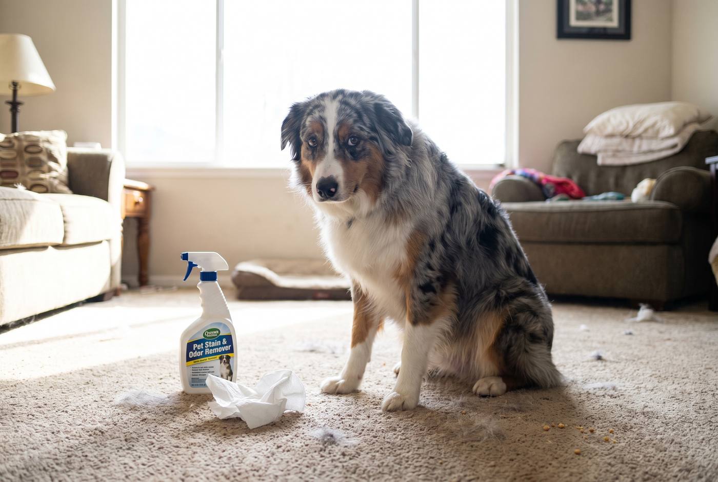 Australian Shepherd sitting on carpet staring at camera with pet stain remover and paper towel beside him
