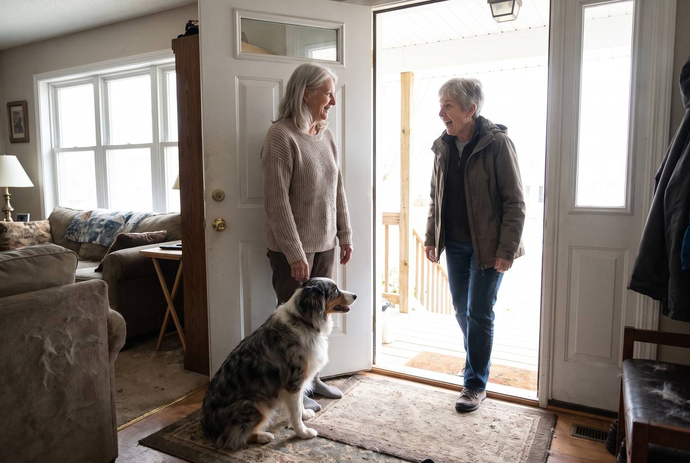 Two women in their 60s at front door, both smiling with relief, Australian Shepherd between them