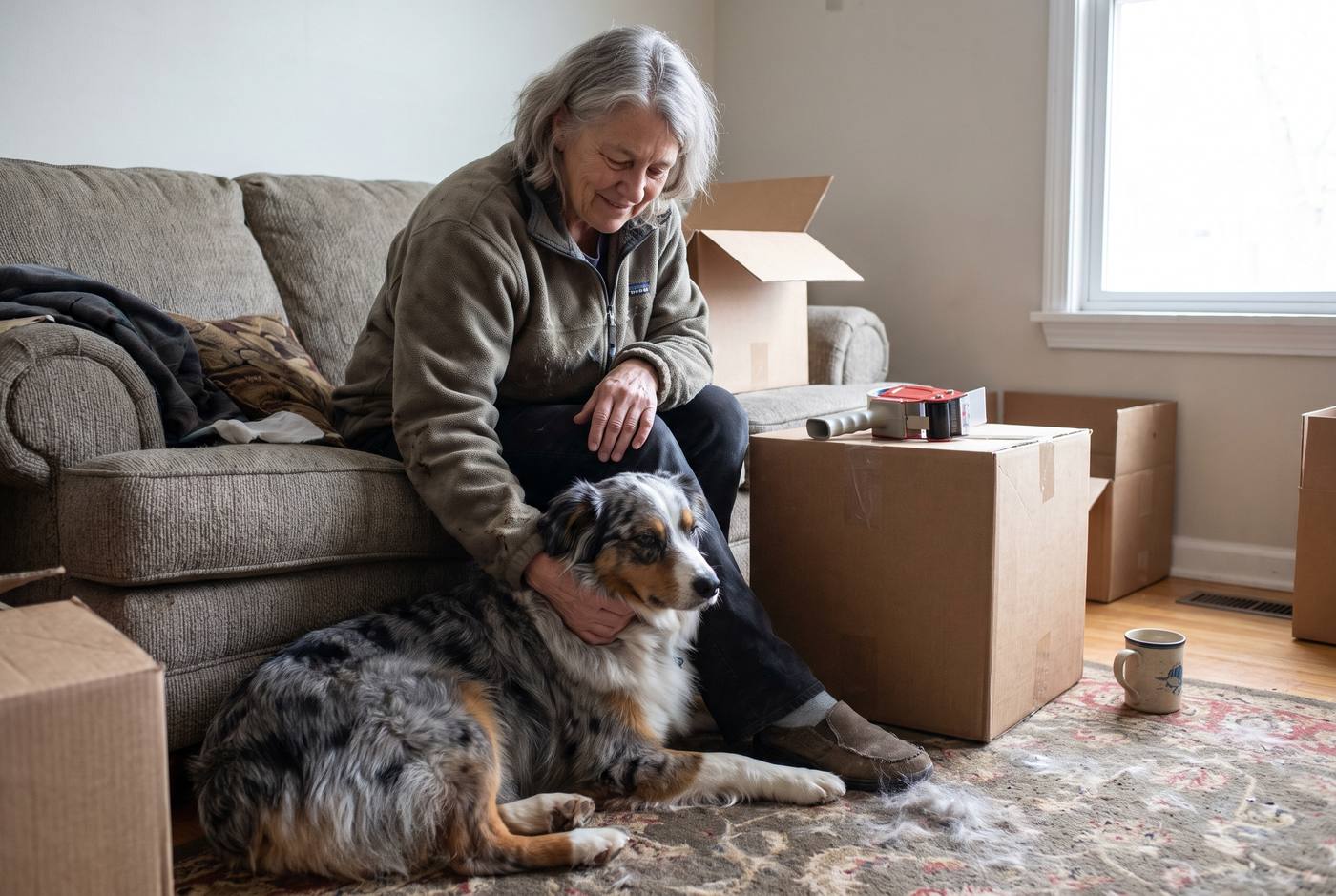 Woman with silver hair sitting beside moving boxes with Australian Shepherd sleeping on carpet next to her