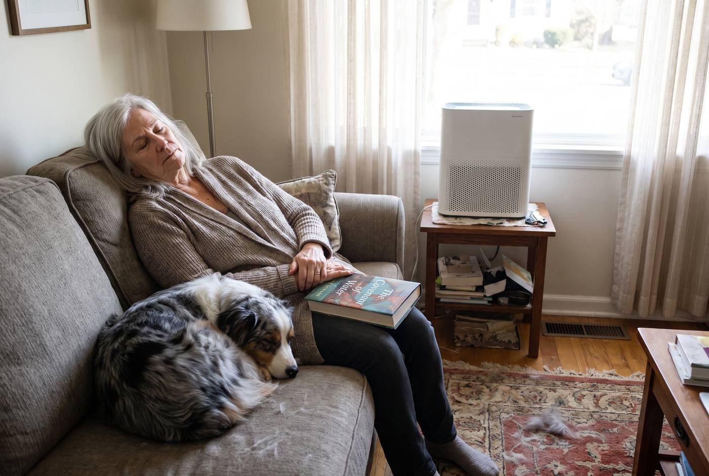 Woman resting on couch, Australian Shepherd beside her, air purifier on side table