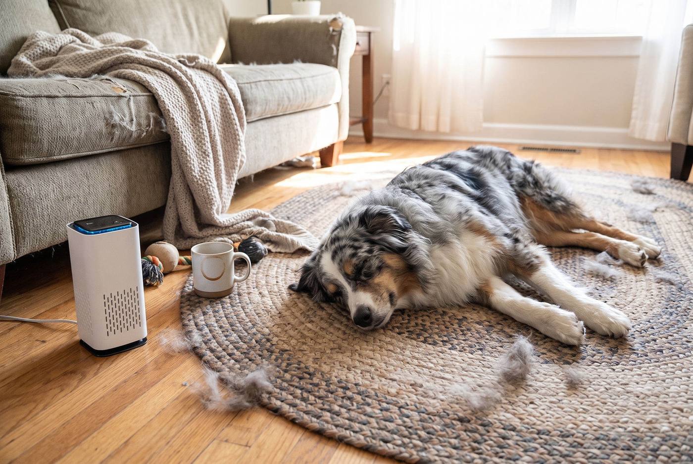 Puppy Mommies PAP1 pet air purifier with Australian Shepherd sleeping on rug nearby