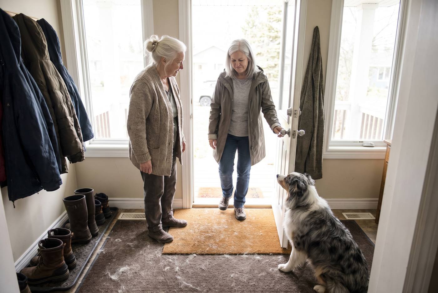 Woman opening front door, friend stepping in with grimacing reaction to pet smell, Australian Shepherd looking up