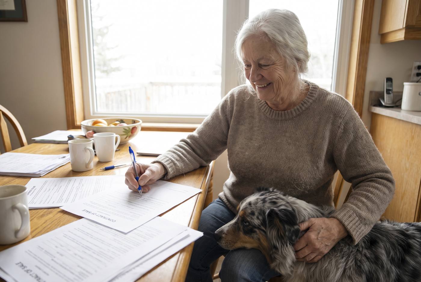 Older woman signing Contract of Sale at kitchen table, smiling, Australian Shepherd leaning against her arm
