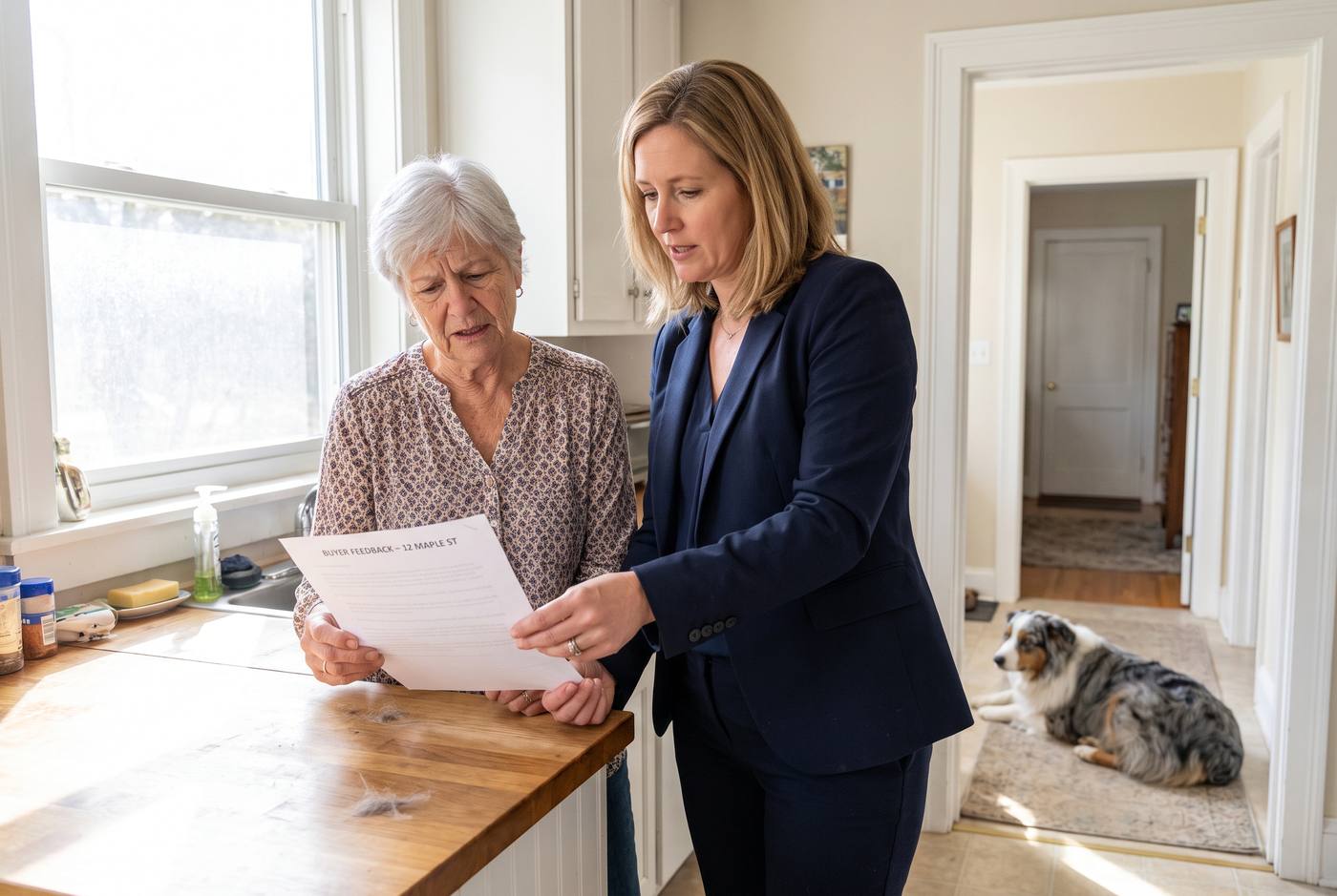 Older woman and real estate agent reviewing buyer feedback sheet, Australian Shepherd lying in hallway behind them